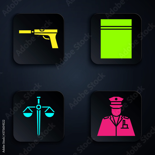 Set Police officer, Pistol or gun with silencer, Scales of justice and Plastic bag with ziplock. Black square button. Vector.