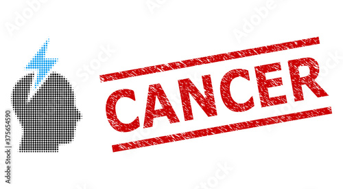 Headache halftone dotted vector and Cancer scratched stamp. Stamp seal includes Cancer text between parallel lines. Headache vector is created of halftone array which contains round pixels.