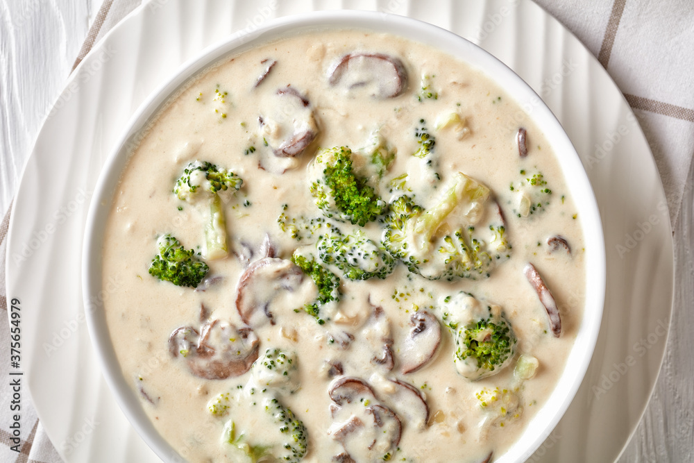 Mushroom Broccoli Cheese Soup in a white bowl