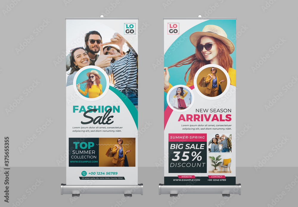 Fashion Sale Roll Up Banner Layout with Blue and Pink Accents Stock ...