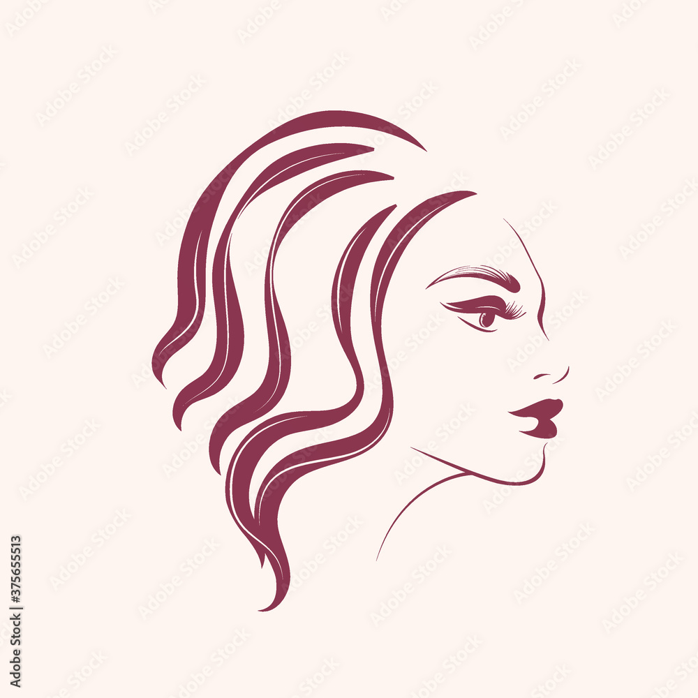 Beautiful woman with long, wavy hairstyle and elegant makeup.Beauty and hair salon illustration.Cosmetics, hairdresser and spa icon.Young lady portrait.Cute girl face.Profile view. Beautiful woman with long, wavy hairstyle and elegant makeup.Beauty and hair salon illustration.Cosmetics, hairdresser and spa icon.Young lady portrait.Cute girl face.Profile view.