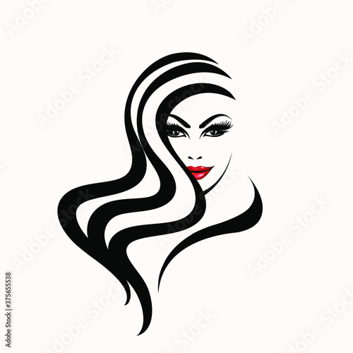 Beautiful woman with long, wavy hairstyle and elegant makeup.Beauty and hair salon illustration.Cosmetics, hairdresser and spa icon.Young lady portrait.Smiling girl face.Red lipstick.