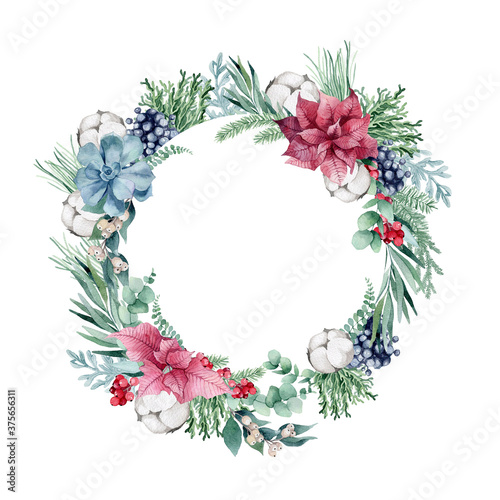 watercolor illustration, christmas wreath with spruce, pine, eucalyptus branches, berries, cotton, christmas gingerbread and succulent