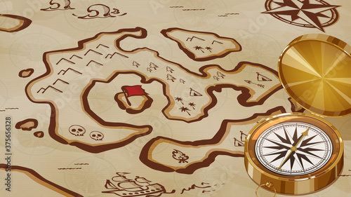 コンパスと古い宝の地図の背景イラスト
