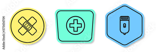 Set line Crossed bandage plaster, hospital medical and Electrical hair clipper or shaver. Colored shapes. Vector.