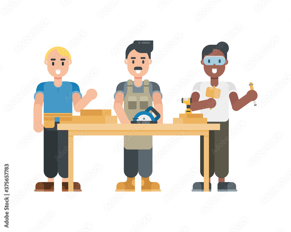 Set of carpenter characters. Modern cartoon character in flat style. Vector illustration.