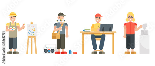 Set of artist characters. Painter, Graffiti, Graphic designer, Sculptor. Modern cartoon man and woman characters in flat style. Vector illustration.