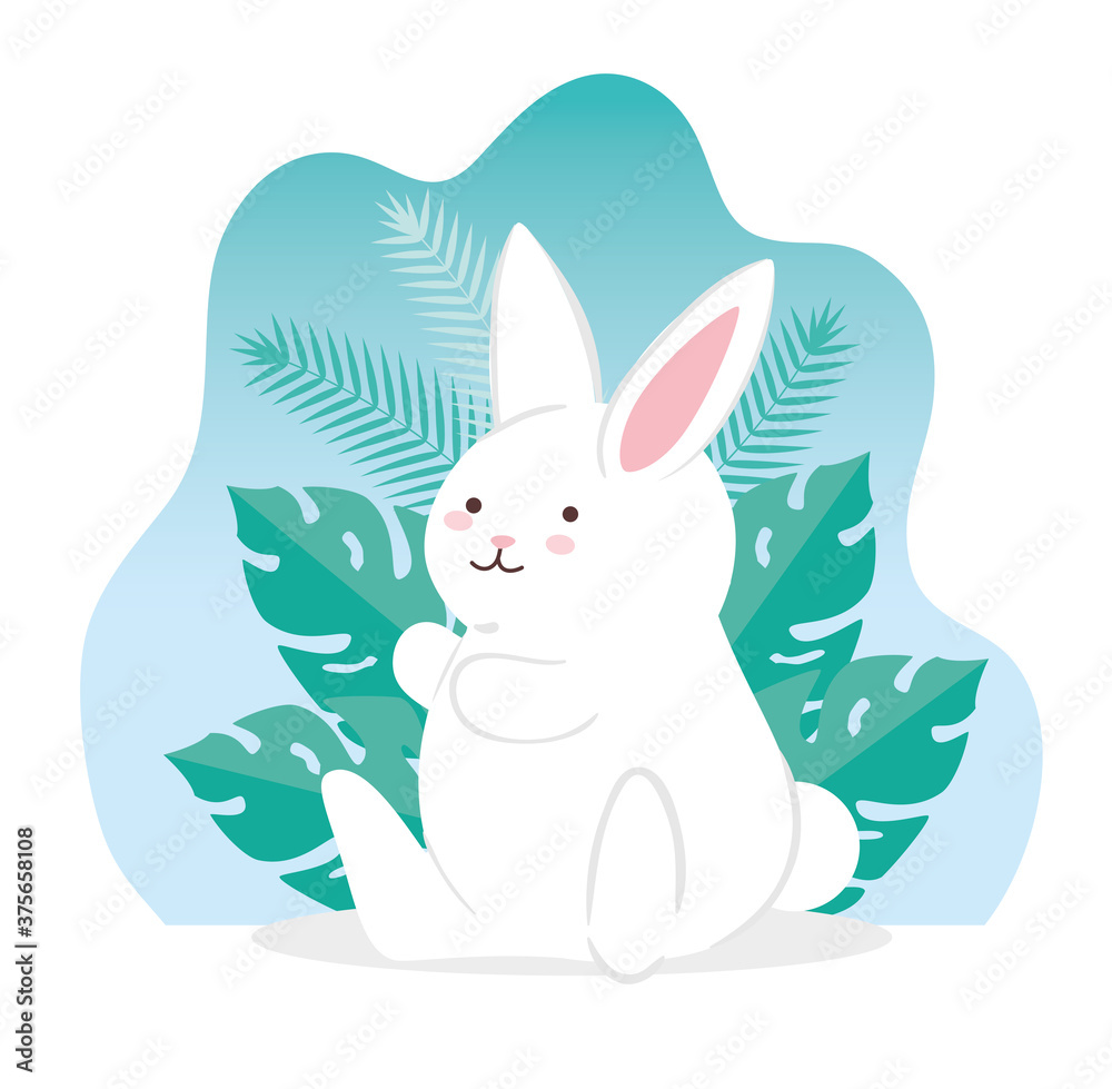 cute rabbit with tropical leaves vector illustration design
