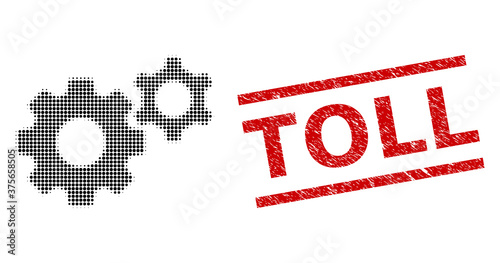 Gears halftone dotted vector and Toll scratched stamp seal. Stamp seal includes Toll tag between parallel lines. Gears vector is constructed from halftone array which contains round pixels.