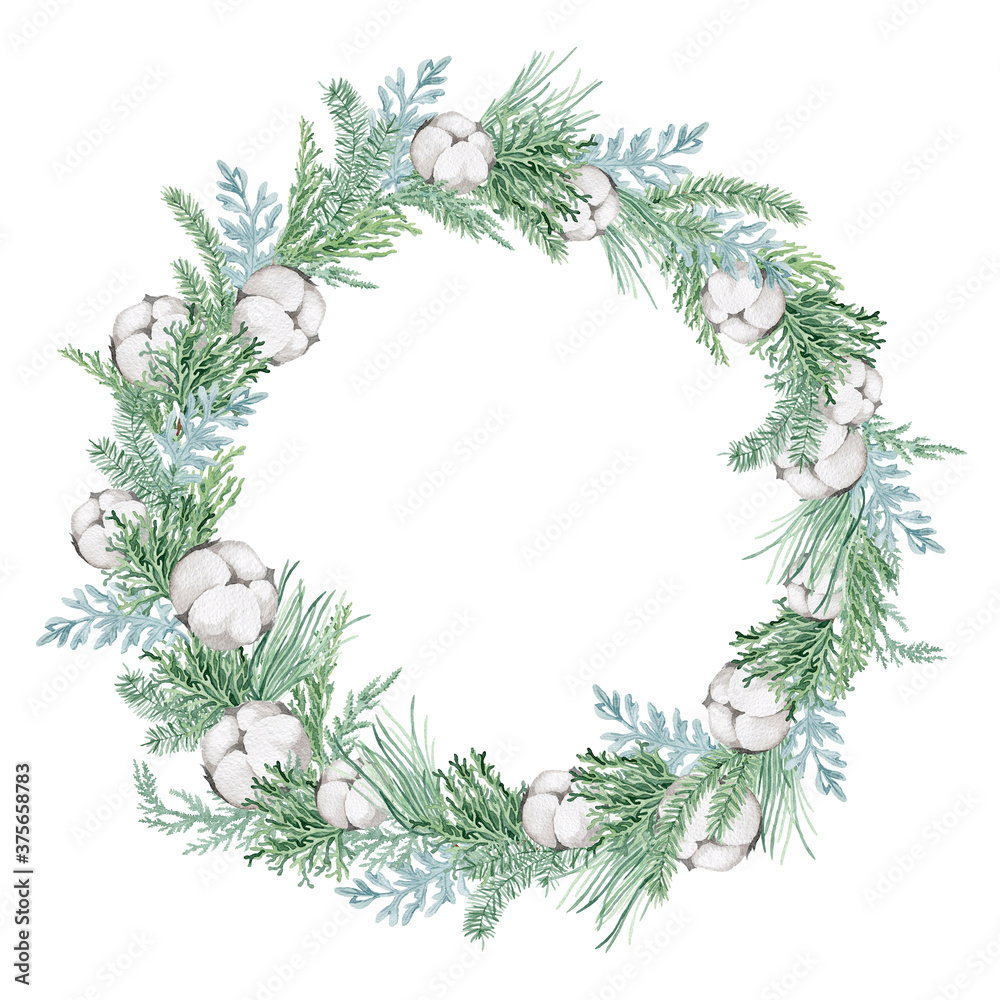 watercolor illustration, christmas wreath with spruce, pine, eucalyptus branches, berries, cotton, christmas gingerbread and succulent
