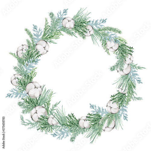watercolor illustration  christmas wreath with spruce  pine  eucalyptus branches  berries  cotton  christmas gingerbread and succulent