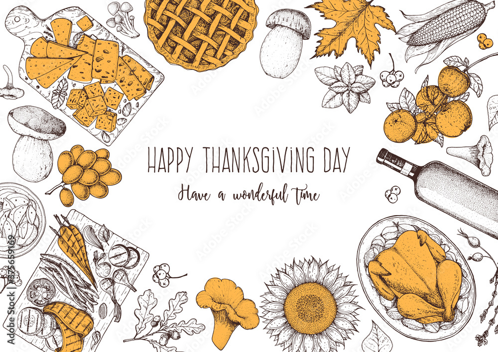 Thanksgiving food banner design. Thanksgiving illustration. Food hand drawn sketch. Festive dinner with turkey. Autumn food sketch. Engraved image. Vector thanksgiving background. - obrazy, fototapety, plakaty 