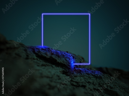 Luminous blue square. Synth wave, retro wave, vaporwave futuristic aesthetics. Glowing neon style. Horizontal wallpaper, background. Stylish flyer for ad, offer, bright colors and smoke neoned effect.