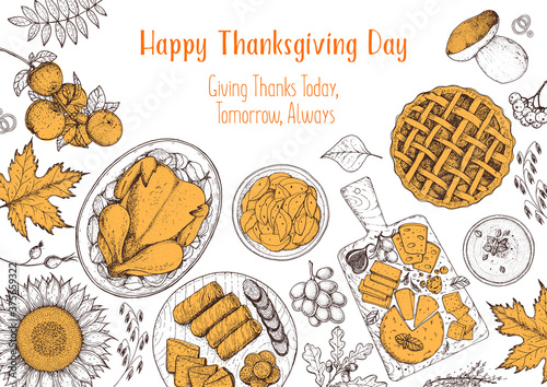 Thanksgiving food banner design. Thanksgiving illustration. Food hand drawn sketch. Festive dinner with turkey. Autumn food sketch. Engraved image. Vector thanksgiving background.