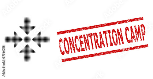 Shrink arrows halftone dotted vector and Concentration Camp textured stamp seal. Stamp seal includes Concentration Camp caption between parallel lines.