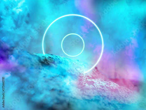 Luminous sky circles. Synth wave, retro wave, vaporwave futuristic aesthetics. Glowing neon style. Horizontal wallpaper, background. Stylish flyer for ad, offer, bright colors and smoke neoned effect.