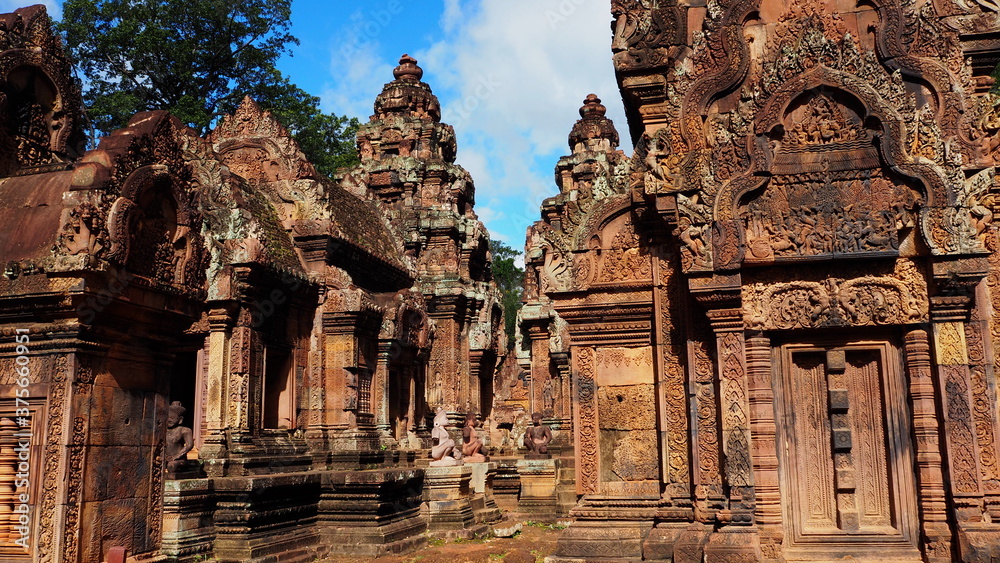 Cambodia Siem Reap－July 27, 2016: Ancient architecture and natural scenery  in Angkor Wat Cambodia. Photo taken in outside area. (Lady temple, Water fall (Phnom Kulen), Beng Mealea temple and Tonle Sa