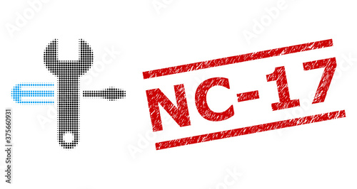 Tuning halftone dotted vector and Nc-17 grunge seal. Stamp seal includes Nc-17 tag between parallel lines. Tuning vector is organized with halftone array which contains round elements. photo