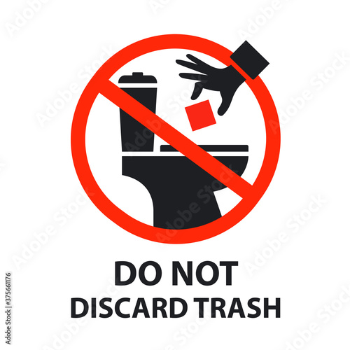 sticker is forbidden to throw garbage into the toilet. clogged toilet. flat vector illustration isolated on white background.