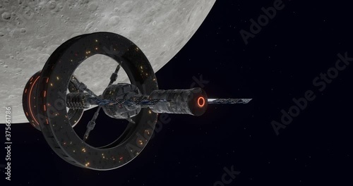Space Station near Moon, Space Travel - Animation in 3D Rendering