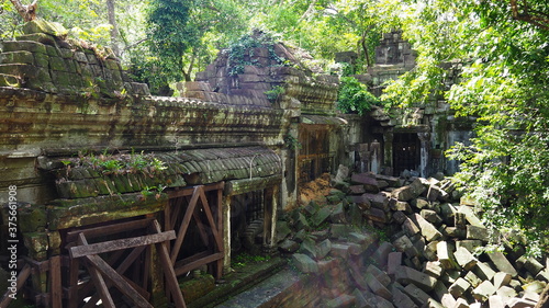 Cambodia Siem Reap－July 27, 2016: Ancient architecture and natural scenery in Angkor Wat Cambodia. Photo taken in outside area. (Lady temple, Water fall (Phnom Kulen), Beng Mealea temple and Tonle Sa