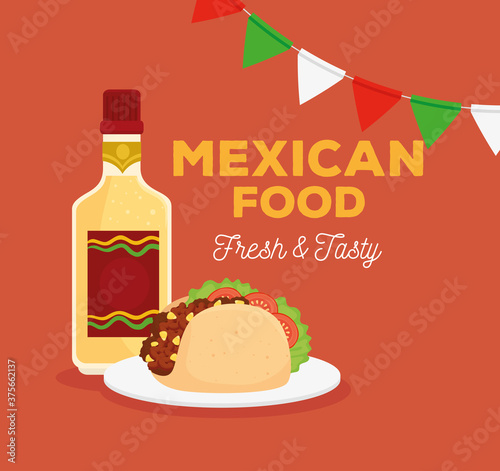 mexican food poster with taco  bottle tequila and garlands hanging vector illustration design