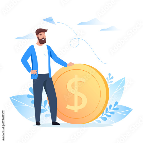 A young man stands near a dollar coin. Earning, saving and investing money. Vector illustration for website, banner