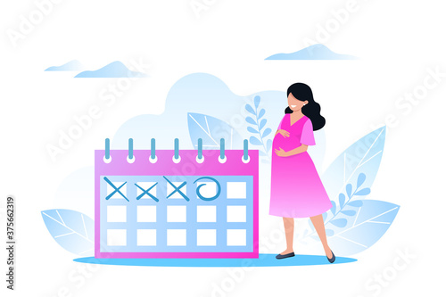 Happy pregnant woman stands near the calendar, waiting for the day of childbirth, expectant mother. Vector illustration