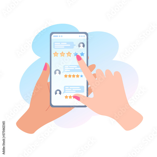 Online review. A hand holds a phone and giving feedback using the mobile app. Reviews of people on the smartphone screen. Vector illustration