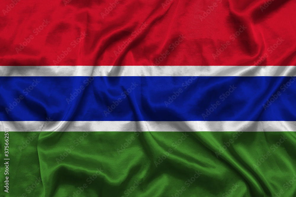 Gambia national flag background with fabric texture. Flag of Gambia waving in the wind. 3D illustration