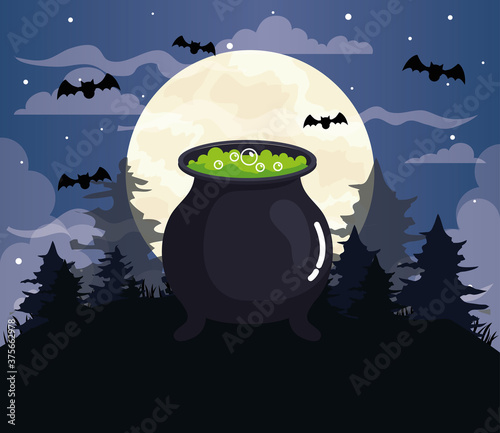 happy halloween banner with cauldron and bats flying in dark night vector illustration design