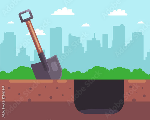 dig a deep hole with a wooden shovel on the background of the city. flat vector illustration