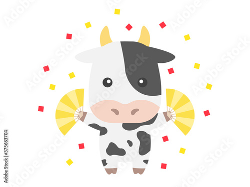 扇子を持った牛のキャラクターのイラスト