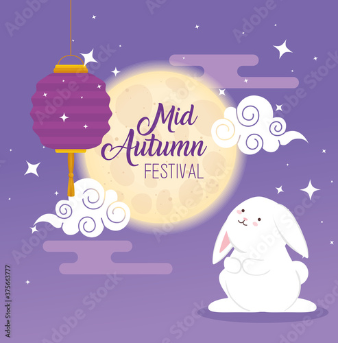 chinese mid autumn festival with rabbit and lantern hanging vector illustration design
