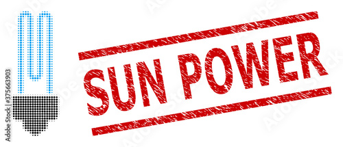 Fluorescent bulb halftone dotted vector and Sun Power corroded stamp imitation. Stamp seal includes Sun Power text between parallel lines.