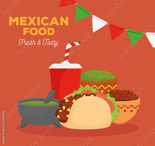 mexican food fresh and tasty poster with taco  ingredients and bottle beverage vector illustration design