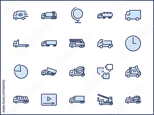 Truck Set of Transport Vector Line Icons. Contains such Icons as Truck, Transportation, Tow Truck, Cranes, Mixer, Garbage Truck, Manipulators, Delivery service and more. Editable Stroke. 32x32 Pixel