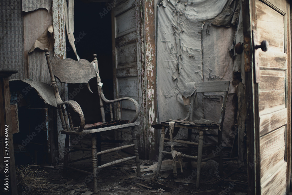 A decaying room in a long-abandoned house