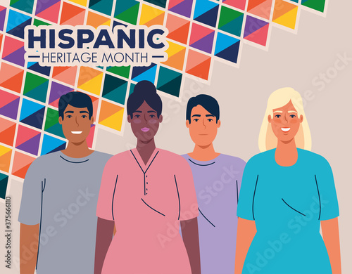 national hispanic heritage month and multiethnic group of people together vector illustration design