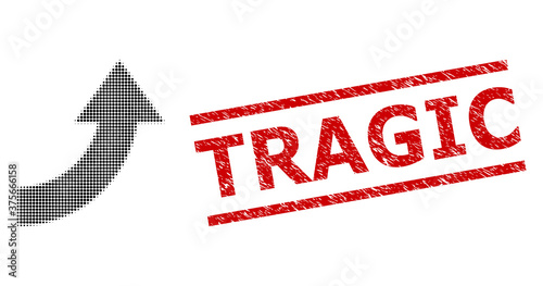 Rotate up halftone dotted vector and Tragic scratched stamp seal. Stamp seal includes Tragic text between parallel lines. Rotate up vector is formed of halftone pattern which contains round points.