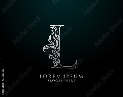 Classic L Letter Icon. Luxury Silver calligraphic alphabet arts logo. Vintage drawn emblem for book design, brand name, stamp, Restaurant, Boutique, Hotel. photo
