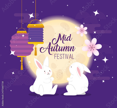 chinese mid autumn festival with rabbits, flowers and lanterns hanging vector illustration design