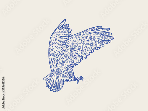 Scandinavian folk animal in line style. Eagle with ornate decoration, symbols, floral pattern. 