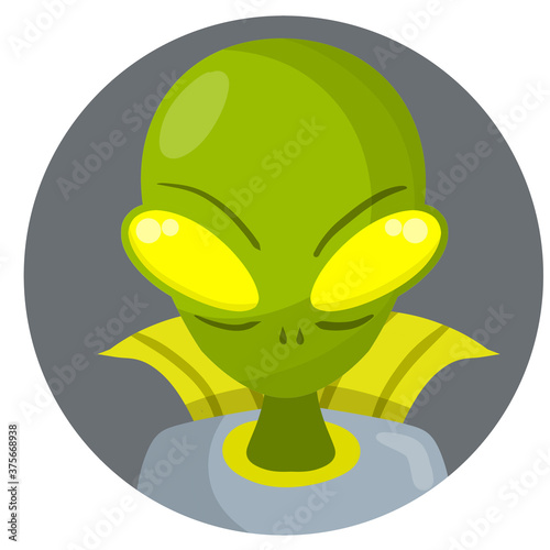Alien. Extraterrestrial monster with green head and Big eyes. Science fiction icon. Cartoon flat illustration in circle. Martian and UFO. Space creature and visitor