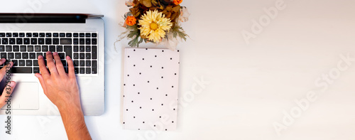 Banner with copy space of businessman typing in laptop. Flat lay, space for text