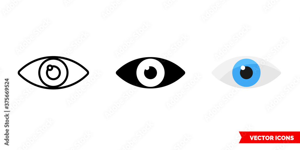 View eye icon of 3 types color, black and white, outline. Isolated vector sign symbol.