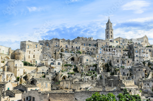 Panoramic view of Matera.Historical centre of Matera "Sassi" contains ancient cave dwellings from the Paleolithic period.Matera was declared Italian host of European Capital of Culture for 2019.