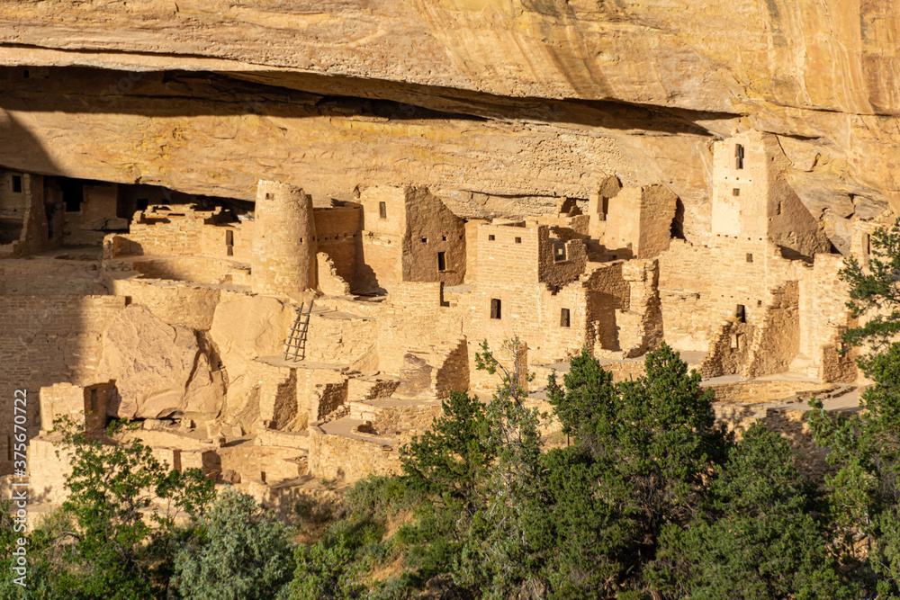 Landscape panorama of Cliff Palace below the overhanging cliffs of the Green Mesa taken at golden hour on a summer day, Mesa Verde National Park, CO - USA