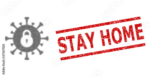 Outbreak lockdown halftone dotted icon and Stay Home textured stamp imitation. Stamp seal includes Stay Home caption between parallel lines.