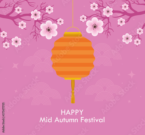 chinese mid autumn festival with lanterns hanging and flowers decoration vector illustration design